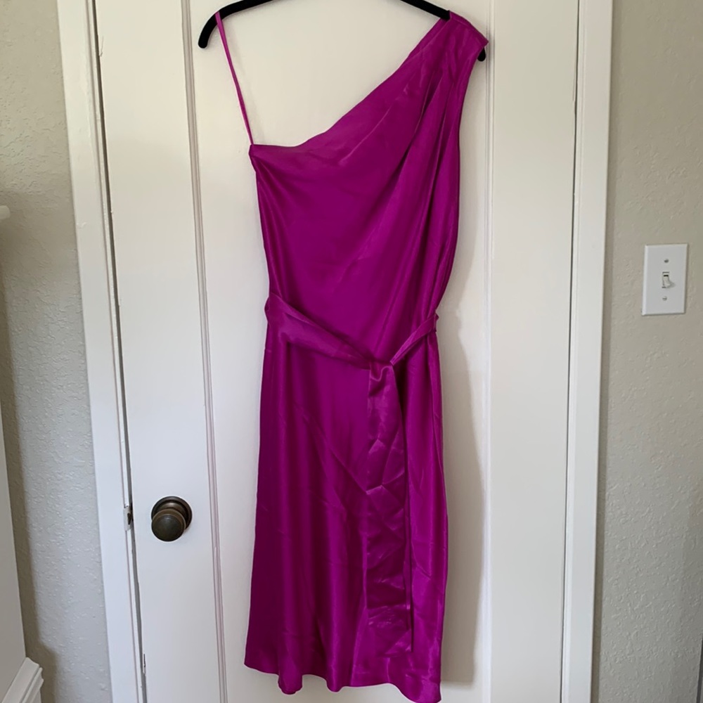 Silky fuchsia one shoulder dress with tie waist